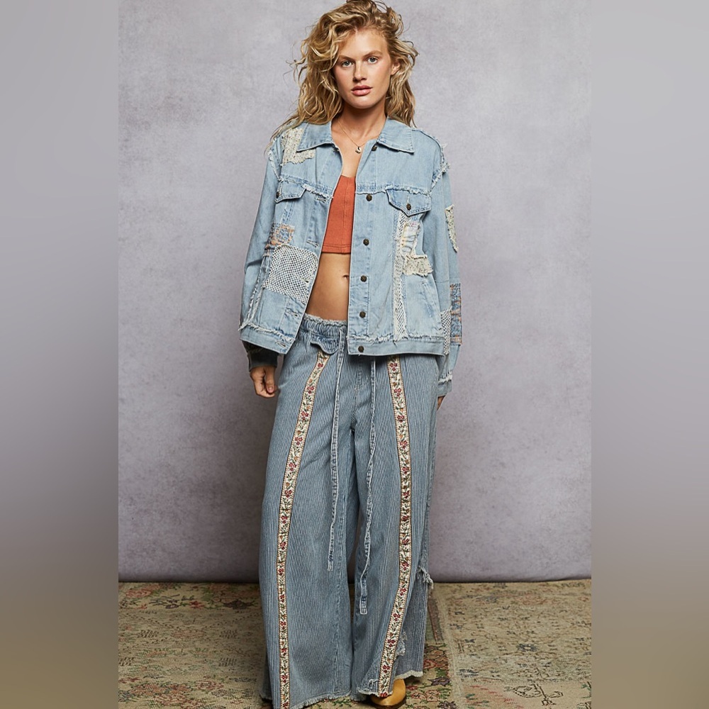 POL “ Driftwood Patch “ Twill Patchwork Jacket | Denim Blue - Picture 4 of 4